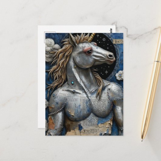 Silver Unicorn With Muscles Collage Briefkaart (Voorkant / Achterkant in situ)