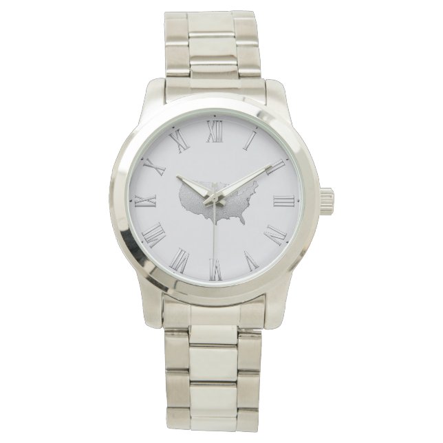 Silver USA Map with Roman Numerals – Elegant Jewel Horloge (Voorkant)
