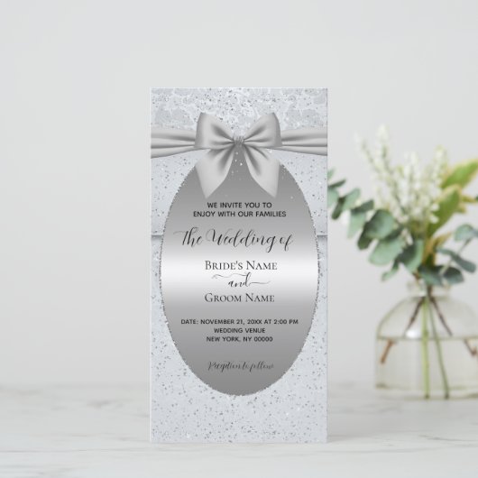 Silver Vintage with Bow Wedding Invitation (Staand voorkant)
