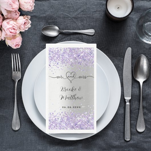 Silver violet glitter de heer mrs hart bruiloft na servet
