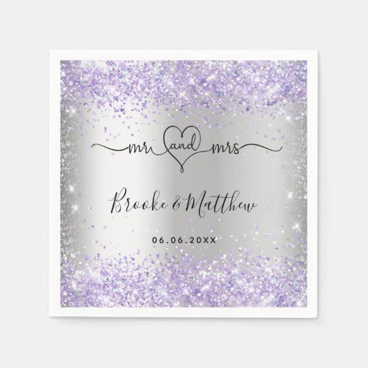 Silver violet glitter de heer mrs hart bruiloft na servet (Voorkant)