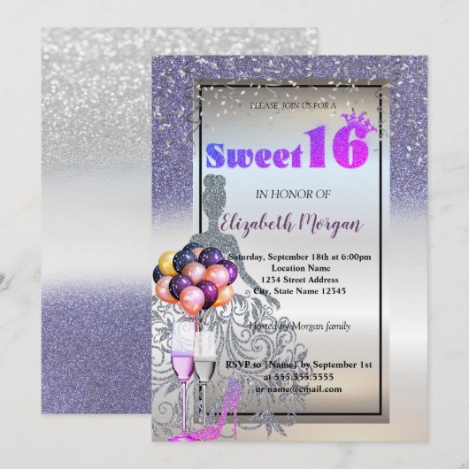Silver Violet Glitter Dress, Glass Sweet 16 Party Kaart (Voorkant / Achterkant)