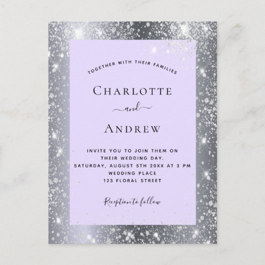 Silver violet glitter elegant bruiloft uitnodiging briefkaart (Voorkant)