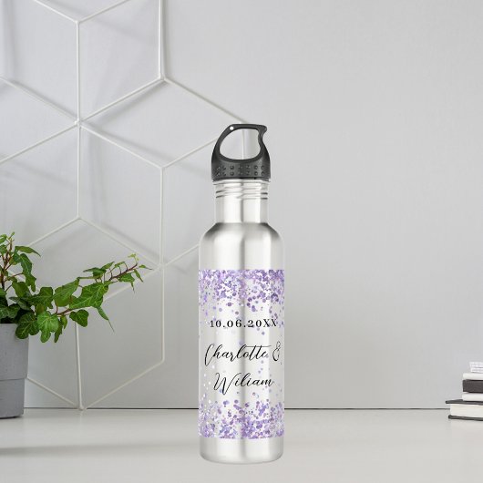 Silver violet glitter elegant bruiloft waterfles 