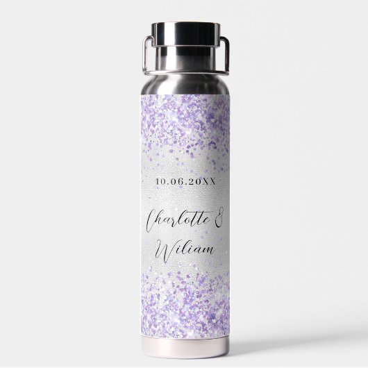 Silver violet glitter elegant bruiloft waterfles (Achterkant)
