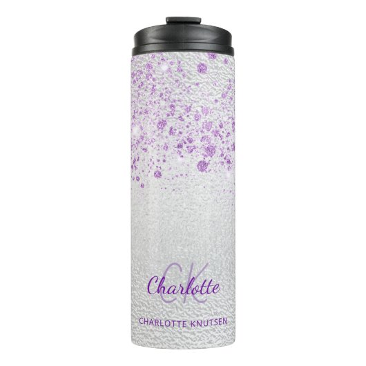 Silver violet glitter monogram initialen thermosbeker (Voorkant)