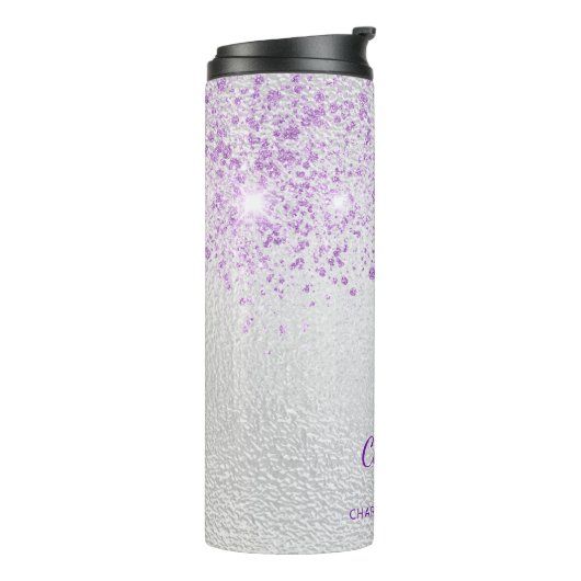 Silver violet glitter monogram initialen thermosbeker (Gedraaid links)
