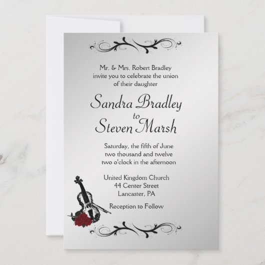 Silver Violin Music Wedding Invitation 5" x 7" Kaart (Voorkant)