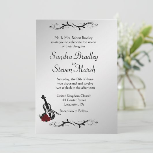 Silver Violin Music Wedding Invitation 5" x 7" Kaart (Staand voorkant)