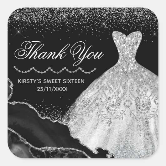 Silver Waterverf Dress & Glam Edge Sweet 16 Vierkante Sticker (Voorkant)