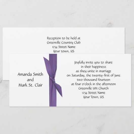 Silver Wedding Invitation met Paars Ribbon Kaart (Voorkant / Achterkant)