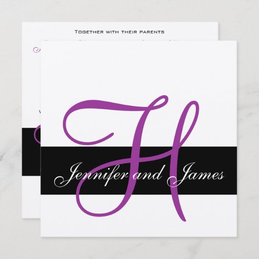 Silver Wedding Invitation Monogram H Names Paars Kaart (Voorkant / Achterkant)