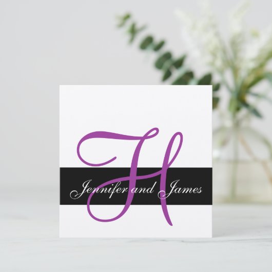 Silver Wedding Invitation Monogram H Names Paars Kaart (Staand voorkant)