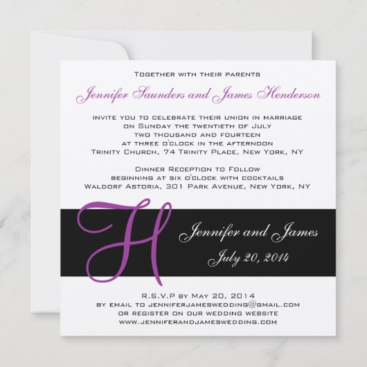 Silver Wedding Invitation Monogram H Names Paars Kaart (Achterkant)