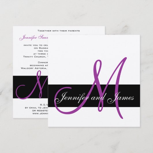 Silver Wedding Invitation Monogram Names Paars Kaart (Voorkant / Achterkant)