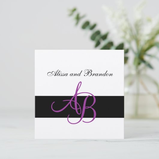 Silver Wedding Invitation Monogrammen Names Paars Kaart (Staand voorkant)