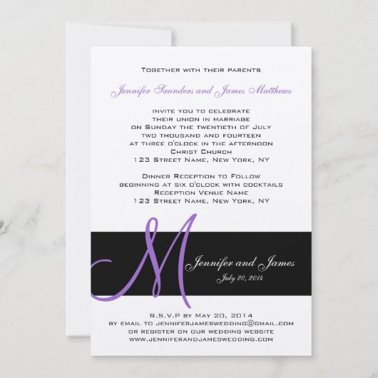 Silver Wedding Invitation Paarse Monogram Names Kaart (Achterkant)
