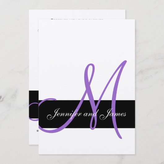 Silver Wedding Invitation Paarse Monogram Names Kaart (Voorkant / Achterkant)