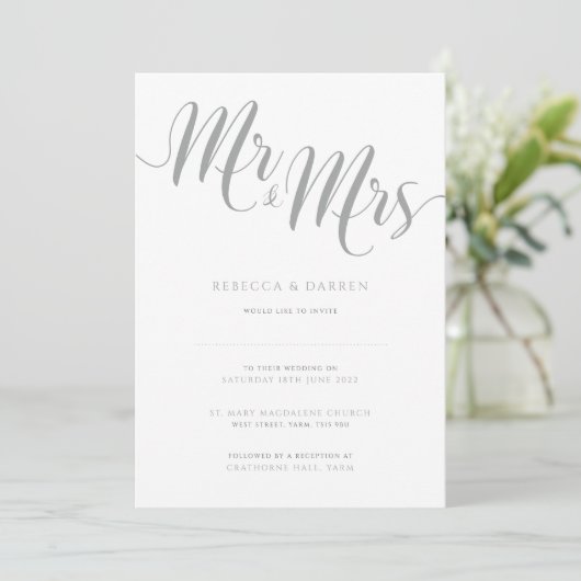 Silver Wedding Invitations Mr & Mrs. Kaart (Staand voorkant)