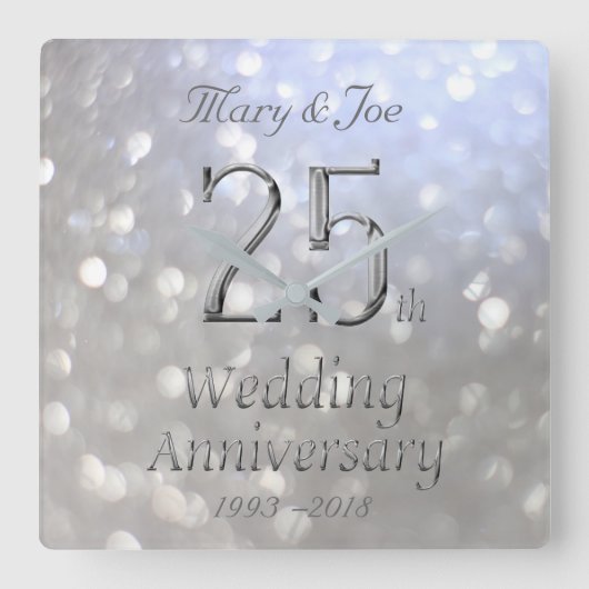 Silver Wedding Jubileum 25th Jubileum Bokeh Vierkante Klok (Voorkant)