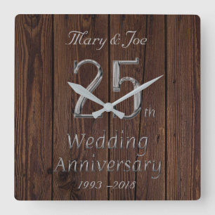 Silver Wedding Jubileum 25th Jubileum Rustic Vierkante Klok