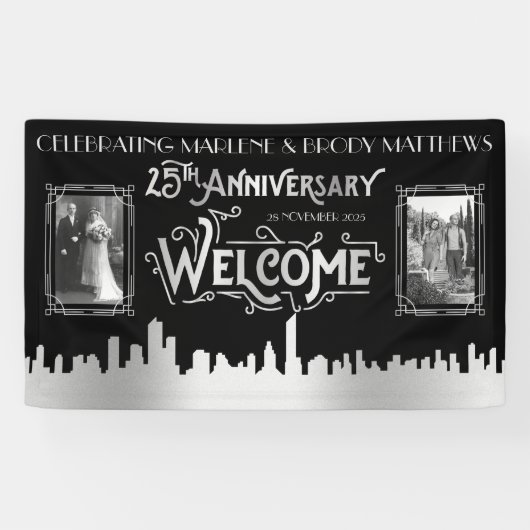Silver Wedding Jubileum Art Deco foto's Welkom Spandoek (Horizontaal)
