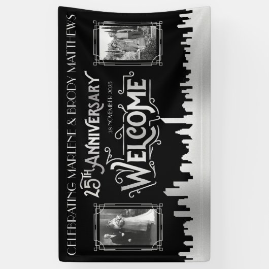 Silver Wedding Jubileum Art Deco foto's Welkom Spandoek (Verticaal)