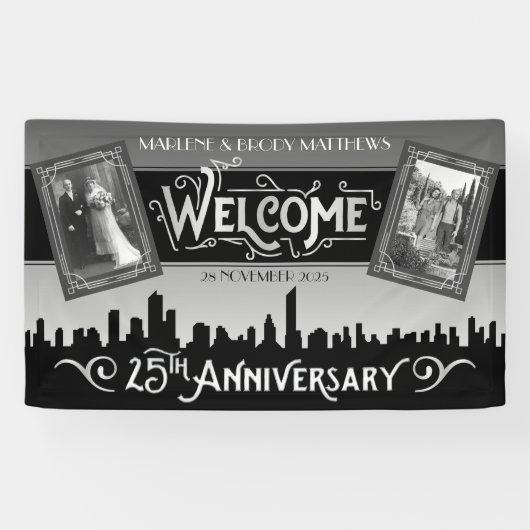 Silver Wedding Jubileum Art Deco foto's Welkom Spandoek (Horizontaal)