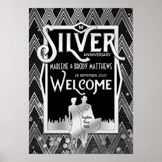 Silver Wedding Jubileum Art Deco Party Welkom Poster (Voorkant)