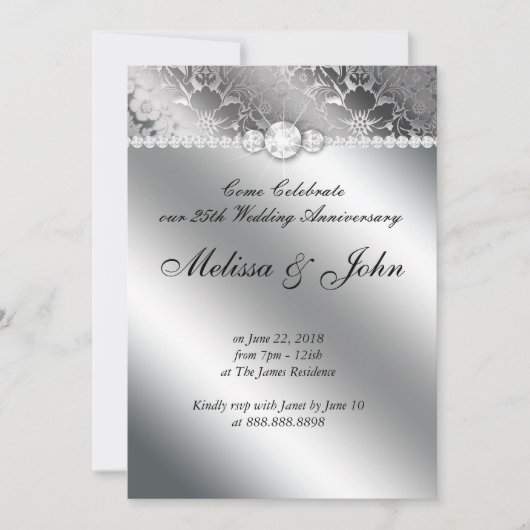 Silver Wedding Jubileum Invite Floral Damask Kaart (Voorkant)