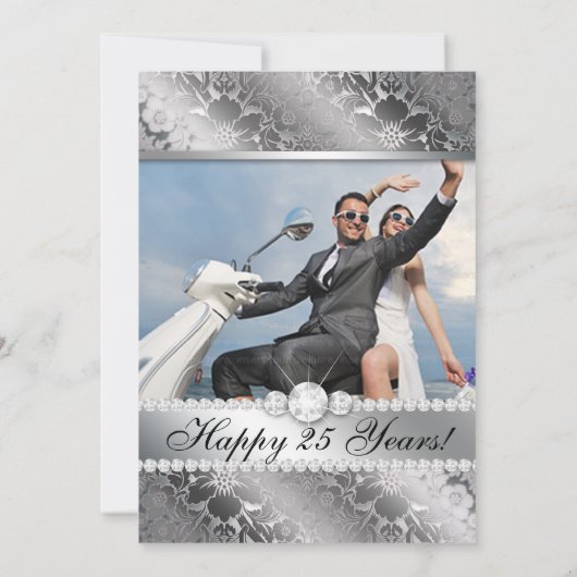 Silver Wedding Jubileum Invite Floral Damask Kaart (Achterkant)