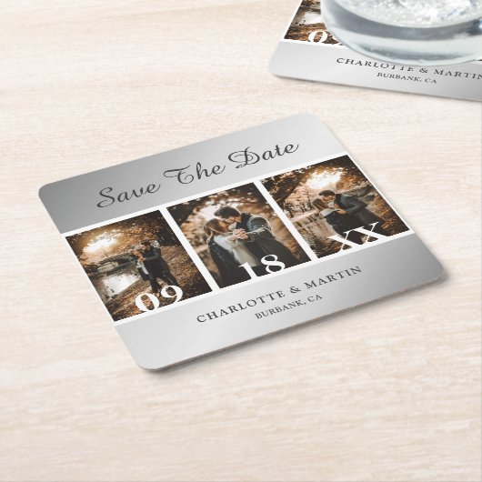 Silver Wedding Photo Save the Date Onderzetters (Schuin)