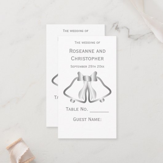 Silver Wedding Place setting Kaart Bells Ribbon Plaatskaartje (Voorkant / Achterkant in situ)
