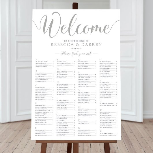 Silver Wedding Seating Chart Alfabetische namen Poster