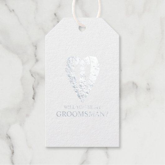 Silver Wedding Suit en Stropdas Groomsman Voorstel Cadeaulabels (Voorkant)