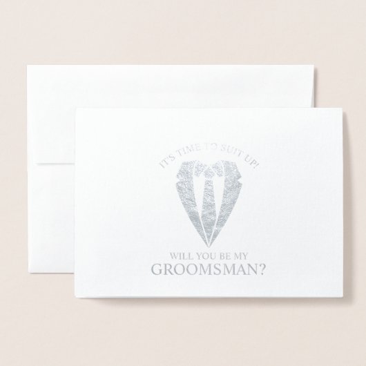 Silver Wedding Suit en Stropdas Groomsman Voorstel Folie Kaarten (Voorkant met envelop)