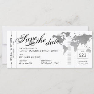 Silver Wereldkaart Boarding Pass Save the Date Kaa Aankondiging