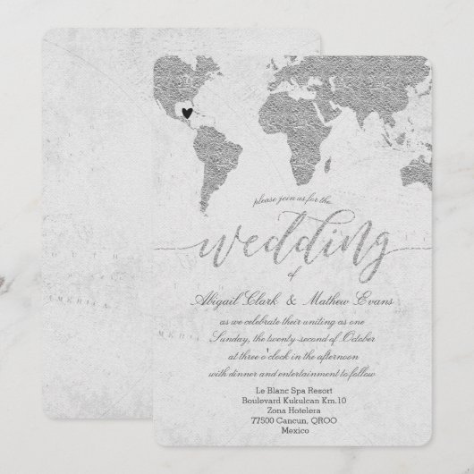 Silver Wereldkaart Destination Wedding Invitation Kaart (Voorkant / Achterkant)