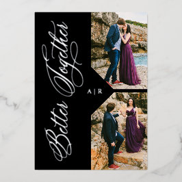 Silver Whimsical Luxury Modern 2 Photos Collage Folie Uitnodiging