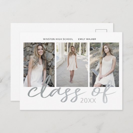 Silver Whimsical Script Photo Afstuderen Aankondigingskaart (Voorkant / Achterkant)