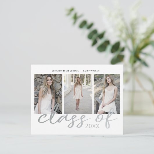 Silver Whimsical Script Photo Afstuderen Aankondigingskaart (Staand voorkant)