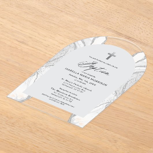 Silver White Agaat Doop Modern Elegant Acryl Uitnodigingen (Laagn)