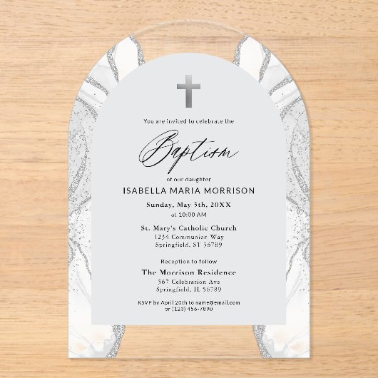 Silver White Agaat Doop Modern Elegant Acryl Uitnodigingen (Voorkant)