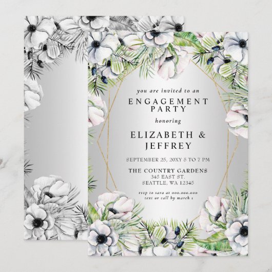 Silver White Anemone Gold Engagement Party Kaart (Voorkant / Achterkant)
