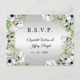Silver White Anemone Gold Geometric RSVP Uitnodiging Briefkaart