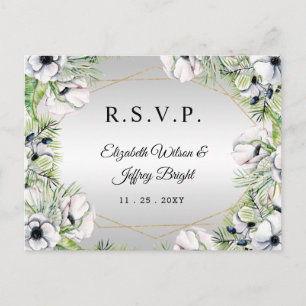 Silver White Anemone Gold Geometric RSVP Uitnodiging Briefkaart
