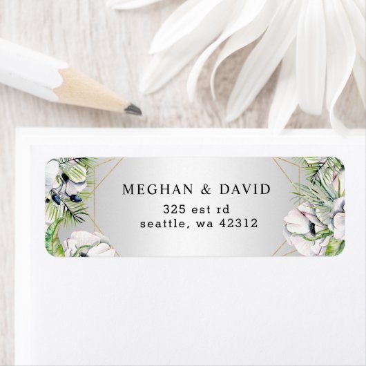 Silver White Anemone Gold Geometric Weddenschap Etiket (Insitu)