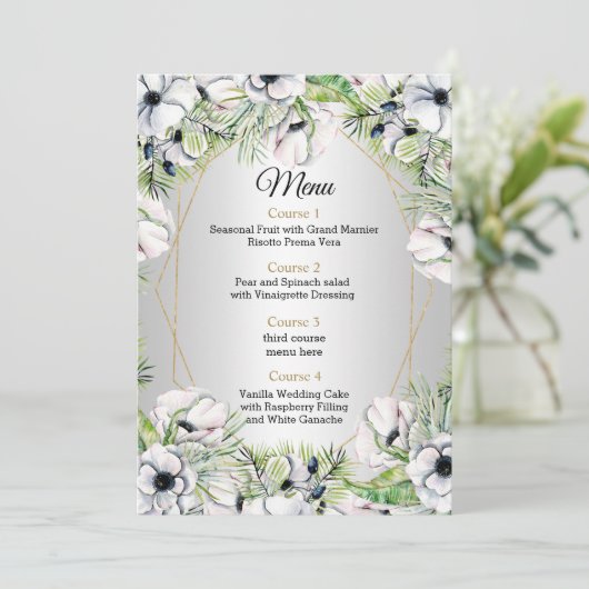 Silver White Anemone Gold Geometric Weddenschap Menu (Staand voorkant)