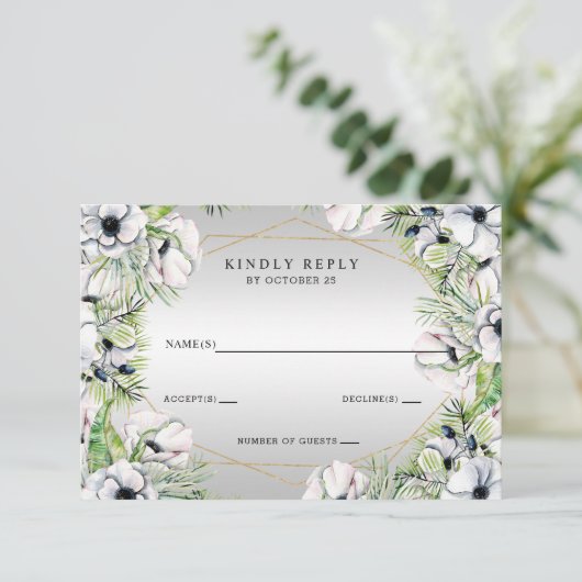 Silver White Anemone Gold Geometric Weddenschap RSVP Kaartje (Staand voorkant)