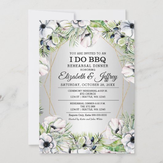 Silver White Anemone I Do BBQ Rehearal Dinner Inv Kaart (Voorkant)